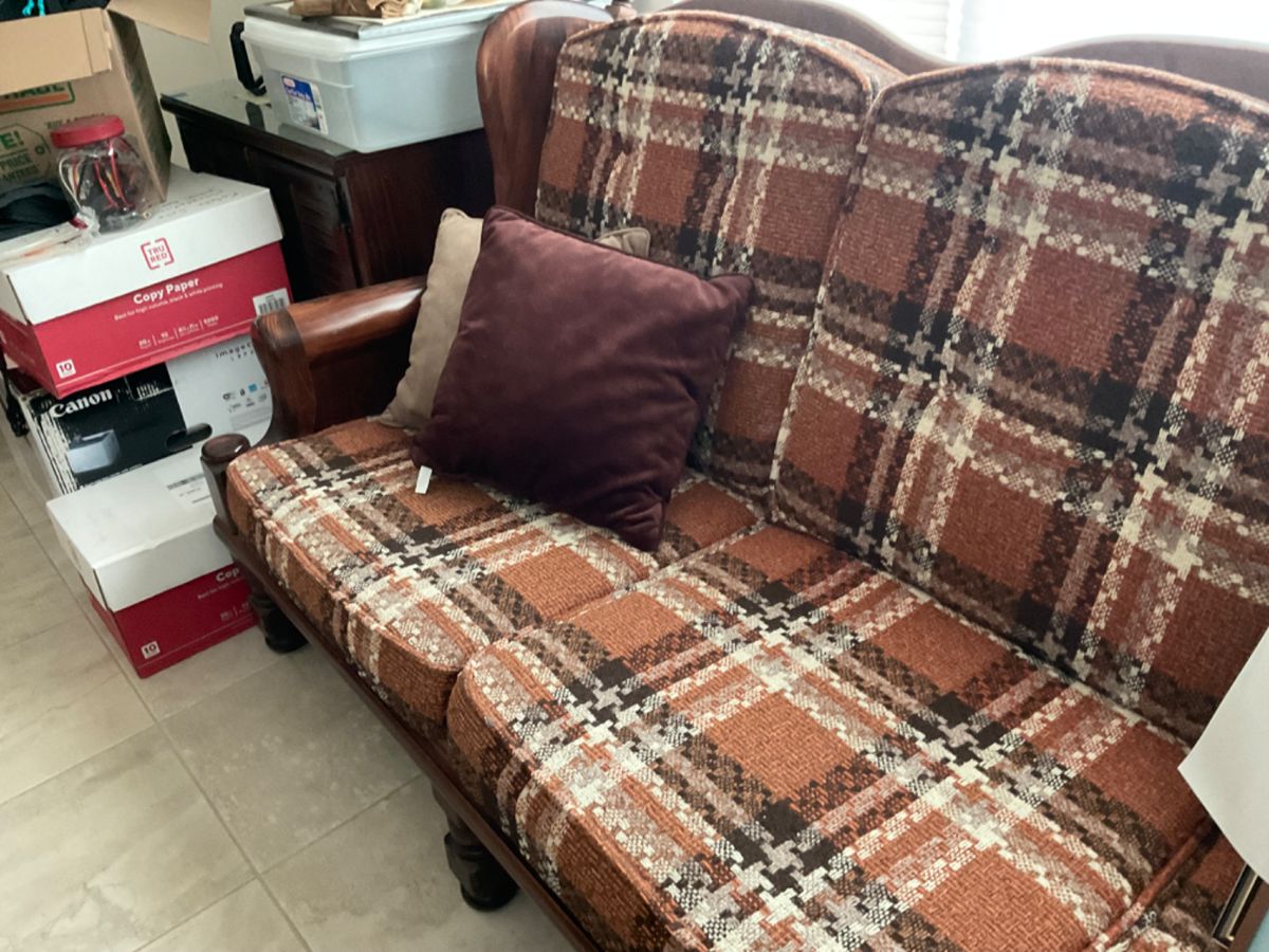Ethan Allen orange plaid sofa