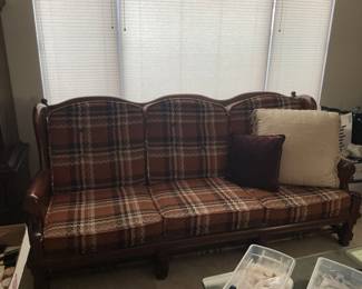 Funky retro orange plaid Ethan Allen sofa