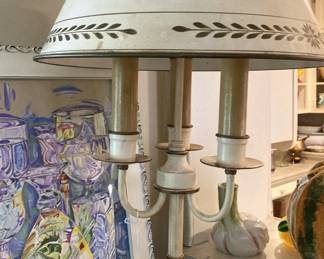 One of two vintage matching tole lamps