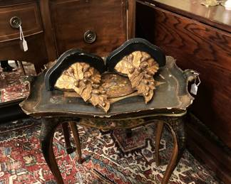 Antique tray table; wall sconces
