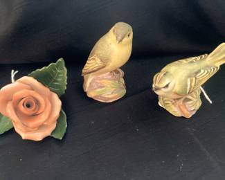 Hand-painted Hungarian Herend rose; Royal Worcester birds