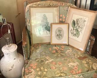 Weathered garden room chair; vintage framed botanicals