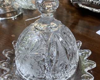 Vintage etched glass covered butter/cheese dish