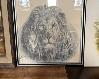 Signed Lion print, artist unknown