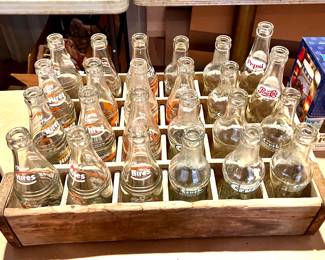 Wood soda bottle holder with Hires soda bottles 