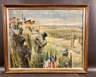Circa 1919 chromolithograph of President Wilson "Reviewing the Troops" in France, Christmas, 1918.  18 x 22 outside framed size.  I can not find one comparable example of this particular work.  Any information would be appreciated.