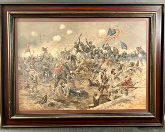 "The Battle of Spotsylvania" Civil War chromolithograph, by Bror Thulstrup, Swedish/American, 1848-1930.  20 x 27 outside framed size.