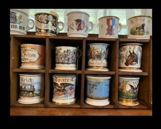 Extensive antique shaving mug collection including several very rare and hard to find subjects such as Butcher, War Veteran, Telegraph Operator, Musician, Hunter, and many others.