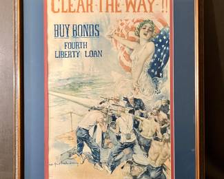 Circa 1917 lithograph by Howard Chandler Christy, American, 1873-1952.  40 x 30 outside framed size. “Clear the Way”