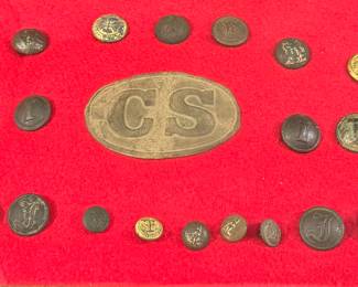 Confederate States cartridge box plate; Civil War era buttons including Confederate block style I Infantry buttons, and Confederate script I Infantry buttons. 