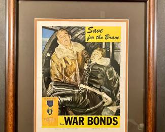 Circa 1944 World War Two poster depicting the saving of an aviation pilot.  24 x 21 outside framed size. "Save the Brave"