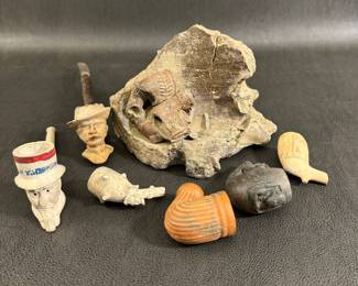  A ‘slab’ of pipes excavated near Grant’s home in Ohio, civil war era pipes, early kaolin clay pipes, late 1800’s Uncle Sam polychrome, Pamplin style pipes