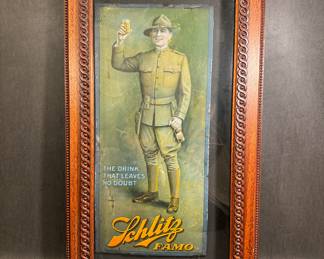 Schlitz FAMO, World War I soldier antique tin advertising sign, prohibition era non alcohol beer. Custom shadowbox framed. 