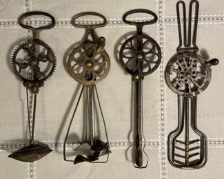RARE antique egg beaters: PD & Co Pat. 1885, Lyon Egg Beater Pat. 1897, Holt’s Egg Beater & Cream Whip Pat. 1899, The Hill rotary egg beater Pat. 1901