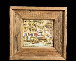 Allen Dominic Crochet, American/Louisiana, 1931-2024, "Washday", Polychromed Wood Relief, Dated 1981. 8 x 8 outside framed size.