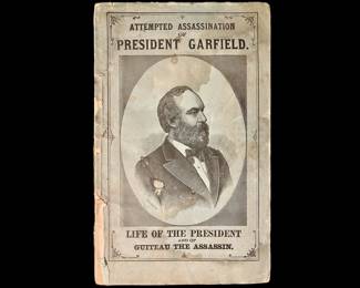Rare pulp booklet about the ATTEMPTED assassinations of President Garfield, when he actually later died from his wounds.  Published by Barclay & Company, Philadelphia, 1881, 80 pages