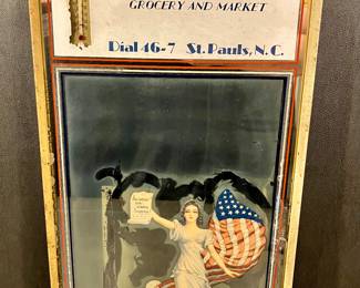 Circa 1890-1910 9dated by the three digit telephone number) Advertising Mirror with still-working thermometer.  22 x 12 outside framed size.