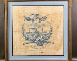 "Remember the Maine" screen printed memorial linen handkerchief.  23 x 23 outside framed size.