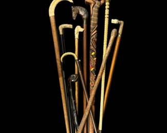 Eclectic lifelong collection of canes, or, walking sticks; vintage, antique, Blackthorn, Folk Art, carved, gadget, Political, Presentation, G.A.R.