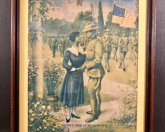 Circa 1919  World War One chromolithograph by Edward George Renesch, American, 1879-1957. 23 x 19 outside framed size. "Colored Man is No Slacker"