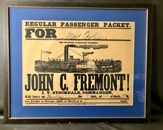 Rare Steamboat Passenger Packet Booking Poster, Circa 19th Century, announcing the John C. Freemont's arrival to New Orleans, Louisiana. 27 x 34 outside framed size.
