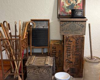 More from the General Store: wooden crates, canes, washboards, graniteware; custom framed advertising signs and die cuts 