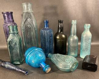 Collectible antique bottles, cathedral food jars, Royal Imperial Gin bottle, early whiskey bottle, Conrad & Co Original Budweiser, Crescent City Selzer soda bottle, Harden’s Star hand grenade extinguisher, Historical violin flask, battlefield snuff bottle 