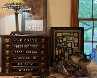 Rare antique J&P Coats six drawer spool cabinet with cobalt glass drawer fronts. James Finch Apothecary display dated 1885. Antique eggbeater collection . 