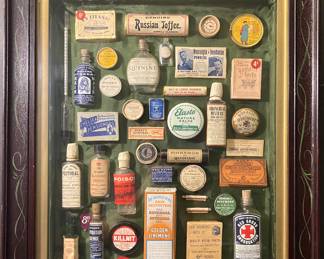 Circa 1885 James Finch English Chemist's Display, authentic antique product containers, original custom shadow box