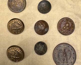 Civil War buttons: Horstmann Indian Wars US Marine, Thos. Dunn U.C.V., Extra Quality Union Infantry, Union Eagle Staff, Union Navy, Confederate Staff Officer (no back) 