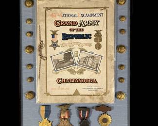 Grand Army of the Republic Shadow Boxed Display of Authentic G.A.R. Buttons and Medals, and a Program from the 1913 Gathering in Chattanooga.