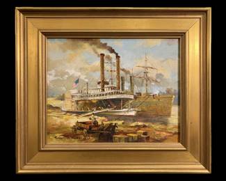 "Steamboat (Big) Ouachita", Original Oil on Canvas, Dated 1970, Robert Rucker, American, Louisiana, 1932-2000. 12 x 14 outside framed size.