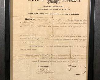LOUISIANA.  Signature of Henry Johnson, 5th governor of Louisiana, dated March 17, 1827, including the state embossed seal, next photo.  17 x 12 outside framed size.