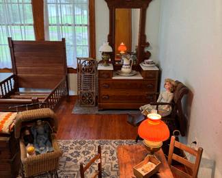 Victorian bedroom and nursery: marble top dresser, youth bed, halltree, lamps, dolls, art, collectibles
