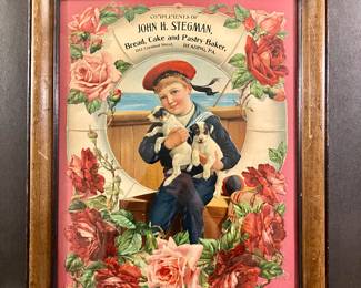 Victorian era die cut chromolithograph advertisement.  Puppies, roses, and a sailor boy - trifecta of cuteness!