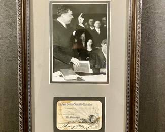 United States Senate Chamber Pass signed by Huey Long, February 8, 1934. 17 x 10 outside framed size.