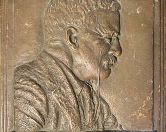 Bronze Plaque of Theodore Roosevelt stating, "Aggressive Fighting for the Right is the Noblest Sport the World Affords", Signed Fraser, 1920, upper right, 12 1/4 inches high by 9 1/2 inches wide.  James Earl Fraser, American, 1871-1941, Decorative Arts League paper label, verso.