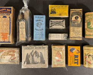 Antique and Vintage apothecary in original packaging with original contents: HAppy DAy COmpany ‘Mamou Cough Syrup’ (pre-Hadacol), Uncle Sam’s Colic Cholera, Jayne’s Liver Pills, 7 Sutherland Sisters bar, Foley’s Pain Relief, others as shown 