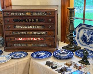 Antique six drawer spool cabinet, flow blue dishes, match safe collection