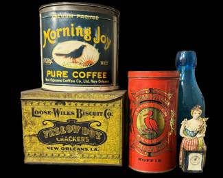 Antique tins, including Louisiana brands; an antique milk jug and match safe