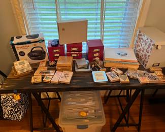 Rubber stamps, scrapbooking supplies, storage boxes 