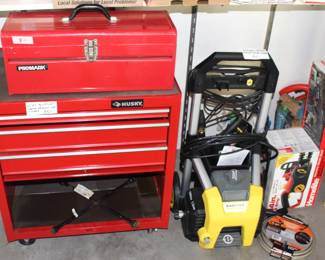 Husky tool cabinet. Promark tool box, newer electric power washer, electric chainsaw.