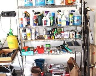5 tier wire metal shelf and variety of paints and misc. cleaning products.