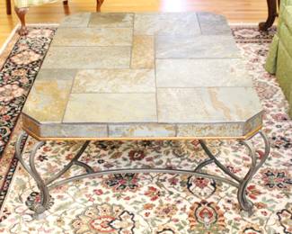 BUY IT NOW!  $295.00.  Coffee table, iron base, slate top with oak trim.  36" W x 48" L  x 19" H.