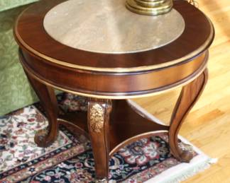 BUY IT NOW!               $275.00                                                                   Drexel table with marble insert.                                                                 30"Dx26"H             One of a pair.