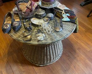 Glass top wicker coffee table