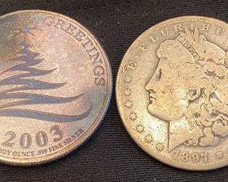 Silver Round and 1897 O Morgan Dollar