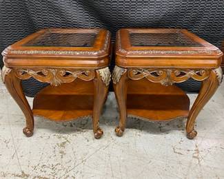 Pr Ornate French End Tables w/Glass