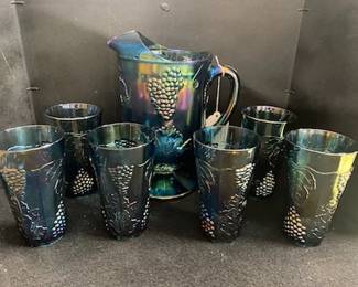 Blue Carnival Glass Pitcher & Glasses