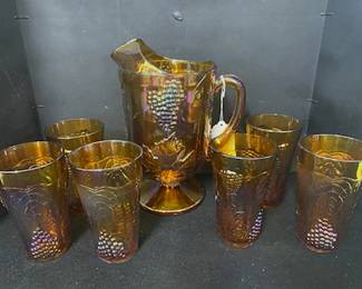 Marigold Carnival Glass Pitcher & Glasses